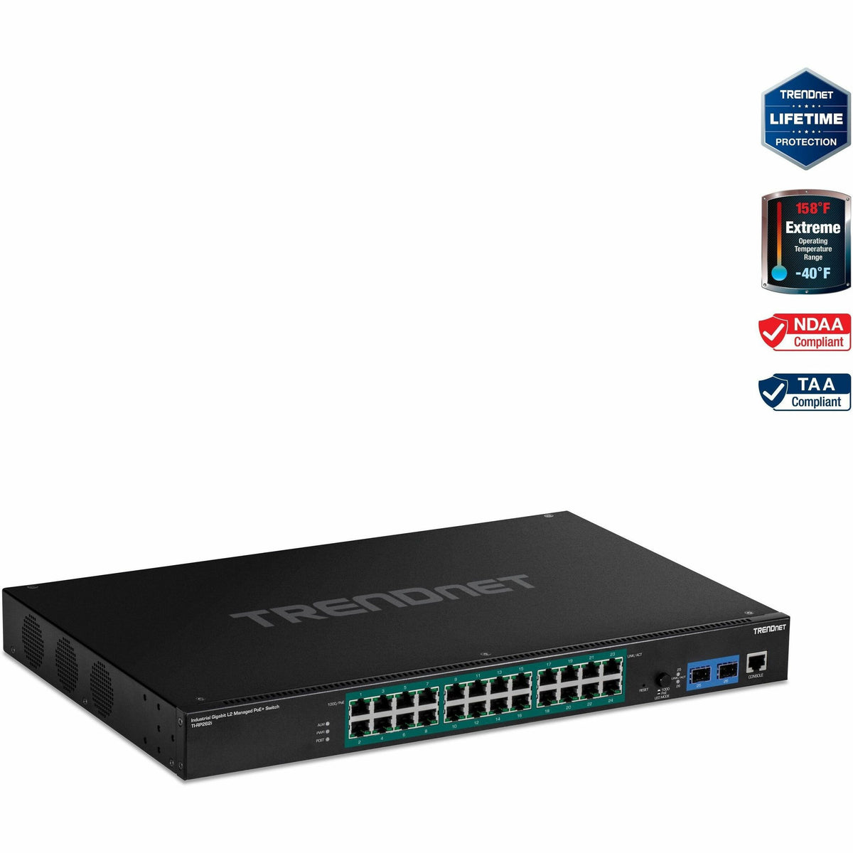 TRENDnet 26-Port Industrial Gigabit L2 Managed PoE+ Switch, TI-RP262i, 1U 19" Rackmount, 24 x Gigabit PoE+ Ports, 2 x SFP Slots (100/1000Base-FX), IP30, VLAN, QoS, 685W PoE Power Budget, Fanless - TI-RP262I