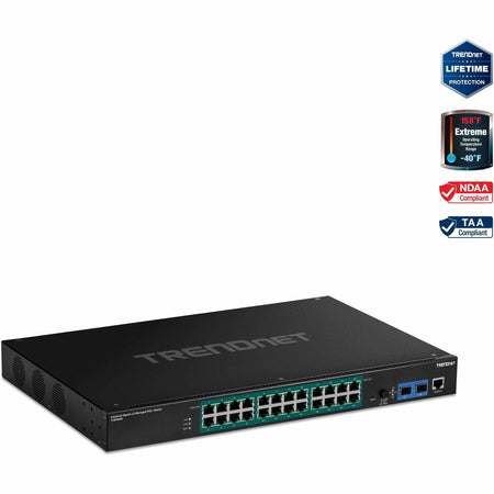 TRENDnet 26-Port Industrial Gigabit L2 Managed PoE+ Switch, TI-RP262i, 1U 19" Rackmount, 24 x Gigabit PoE+ Ports, 2 x SFP Slots (100/1000Base-FX), IP30, VLAN, QoS, 685W PoE Power Budget, Fanless - TI-RP262I