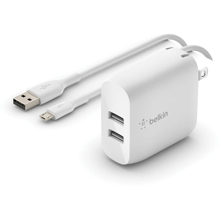 Belkin BoostCharge Dual USB-A Wall Charger 24W (USB-A to Micro-USB cable included) - Power Adapter - WCE002DQ1MWH