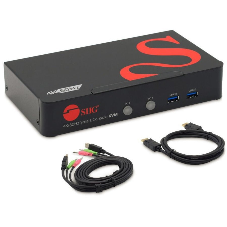 SIIG 2 Port 4K 60Hz DisplayPort 1.2 KVM Switch with USB 3.0 and Multi-Media ports - CE-DP0F11-S1