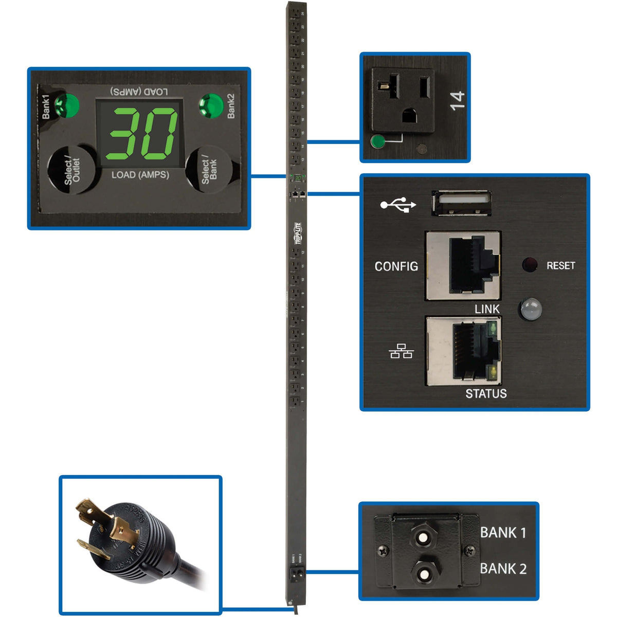 Tripp Lite by Eaton 2.9kW Single-Phase Monitored Per-Outlet PDU - LX Platform, 24 5-15/20R Outlets (120V), L5-30P Input, 0U, TAA - PDUNVR30LX