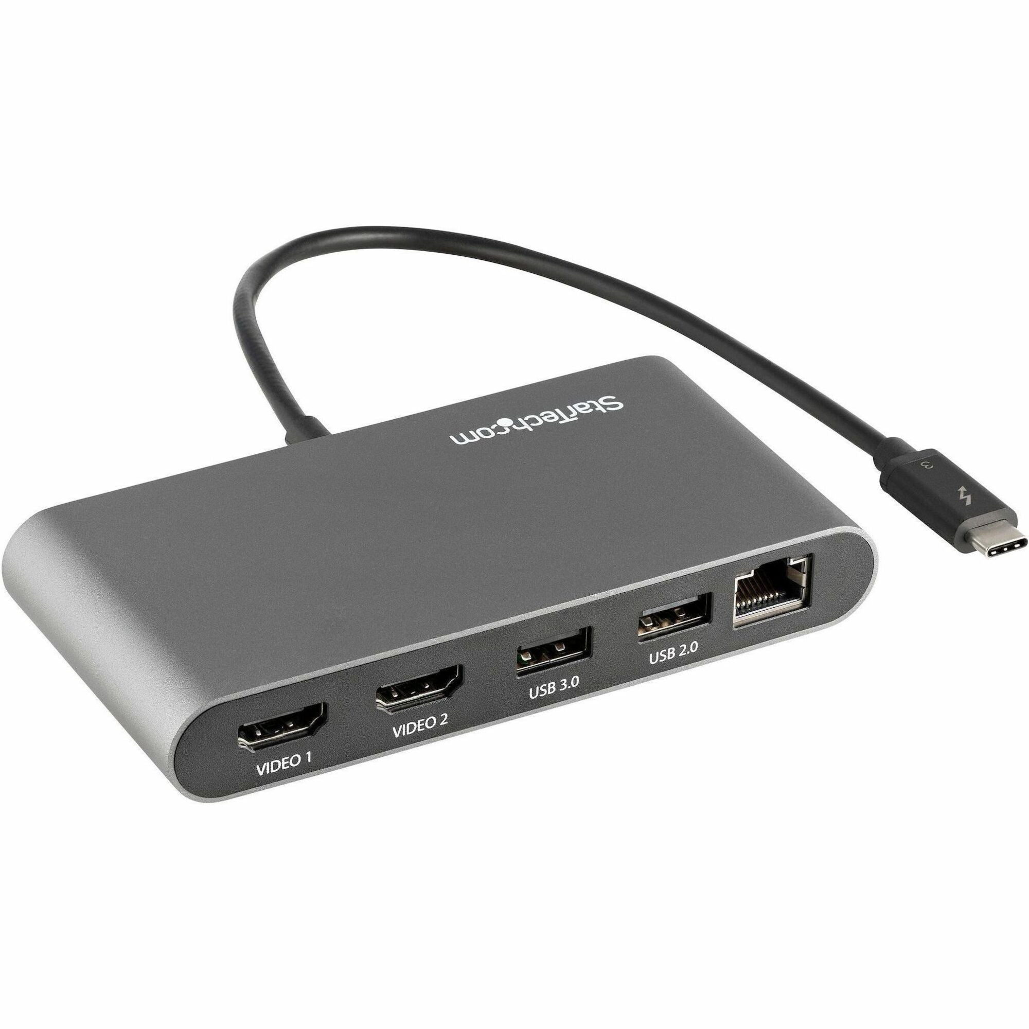 StarTech.com Thunderbolt 3 Mini Dock - Portable Dual Monitor TB3 Laptop Docking Station HDMI 4K 60Hz - 2x USB-A & GbE - 28cm (11") cable - TB3DKM2HDL
