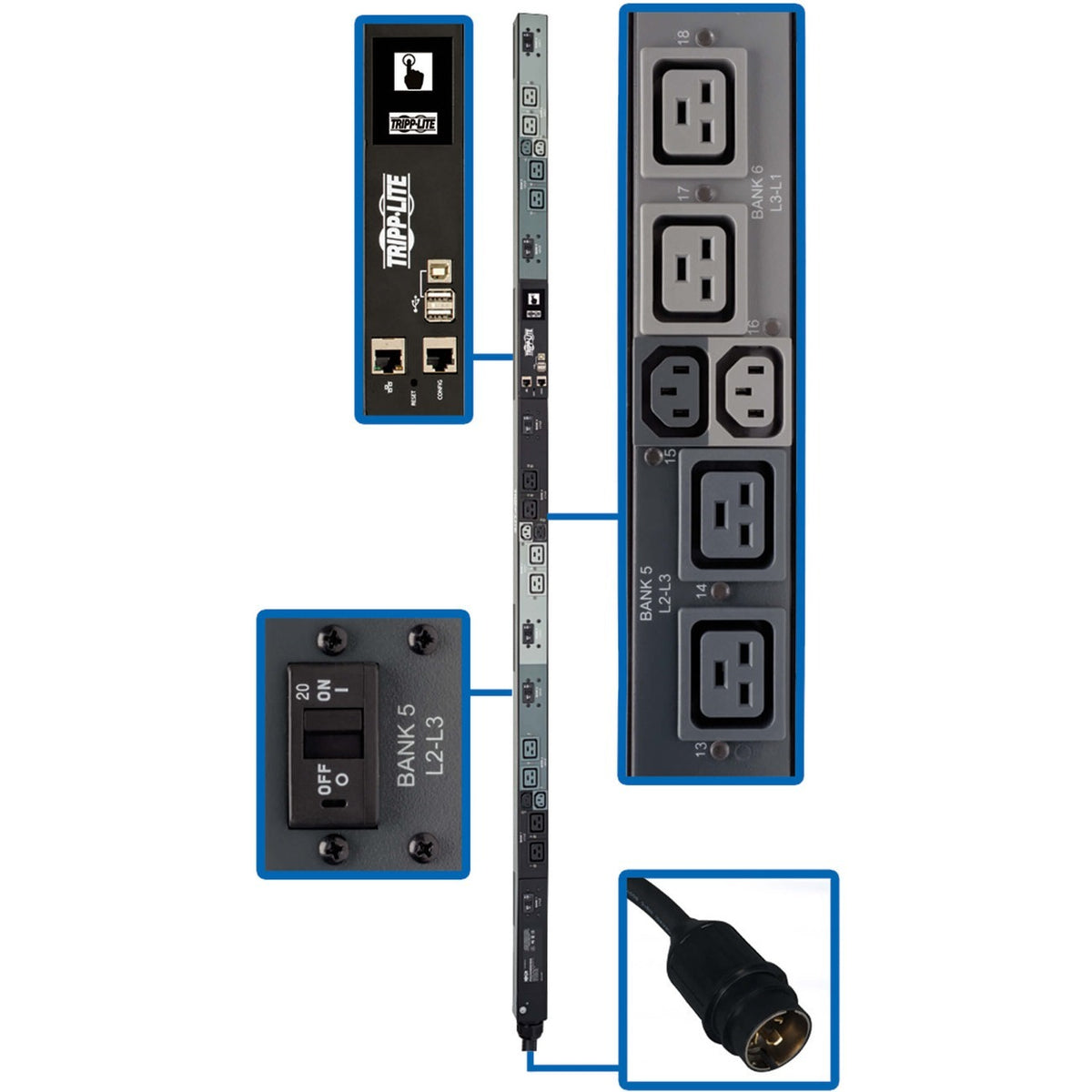 Tripp Lite by Eaton PDU 14.4kW 208V 3PH Monitored Per-Outlet PDU - LX Interface Gigabit 18 Outlets 50A CS8365C Input LCD 1.8 m Cord 0U 1.8 m Height TAA - PDU3EVNR6H50A