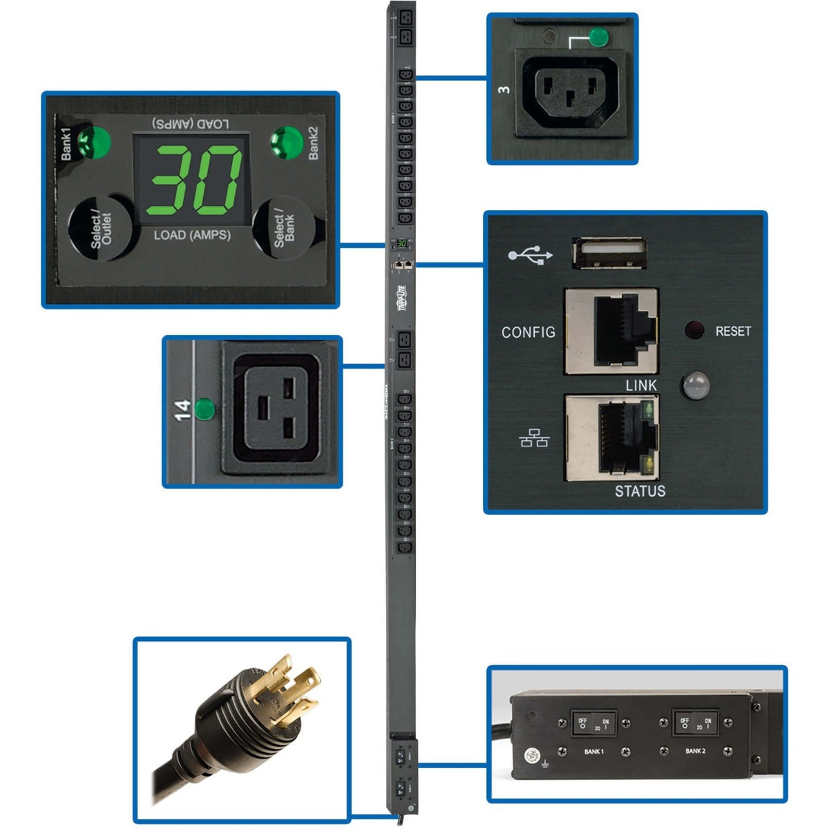 Tripp Lite by Eaton PDU 5.5kW Single-Phase Monitored Per-Outlet PDU - LX Platform 24 Outlets (208/230V) L6-30P Input 0U TAA - PDUNVR30HVLX