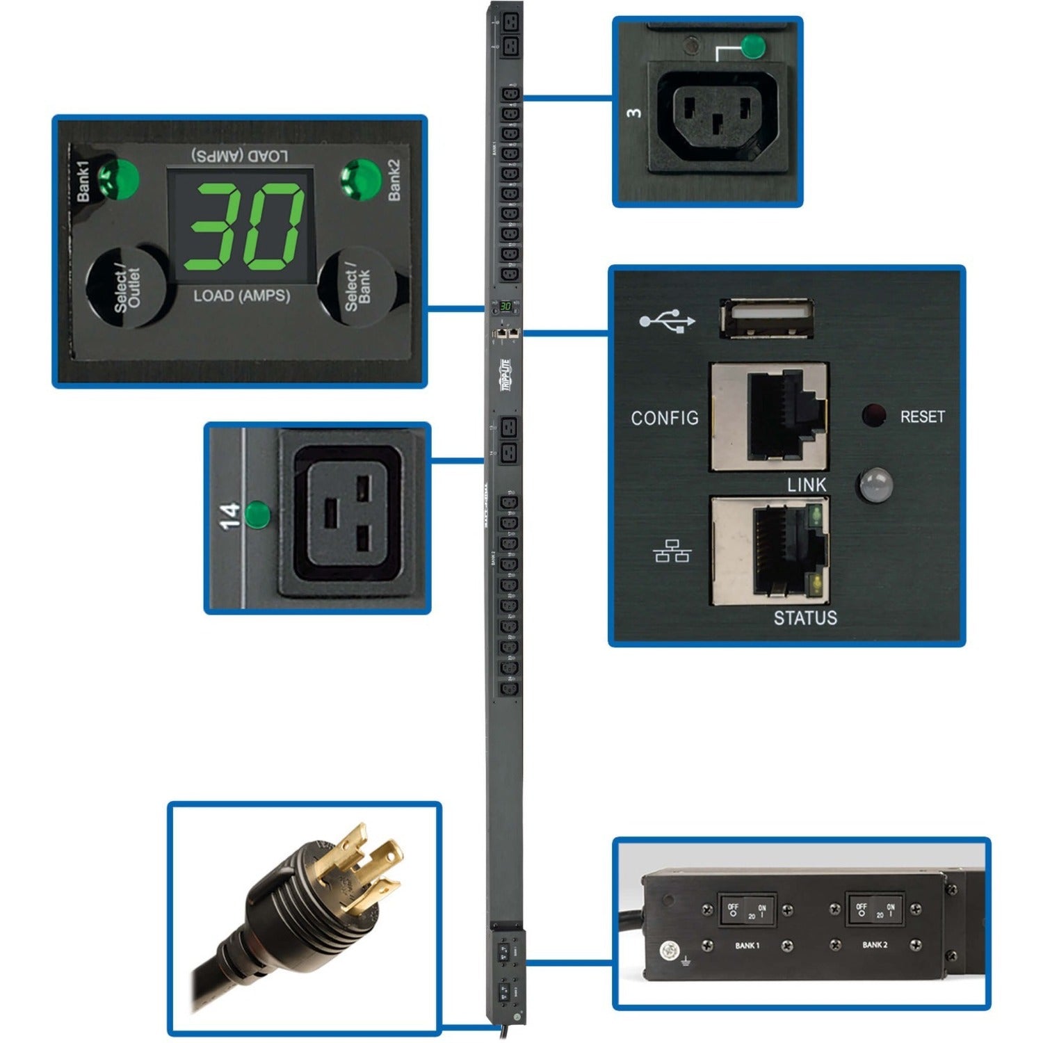 Tripp Lite by Eaton PDU 5.5kW Single-Phase Monitored Per-Outlet PDU - LX Platform 24 Outlets (208/230V) L6-30P Input 0U TAA - PDUNVR30HVLX