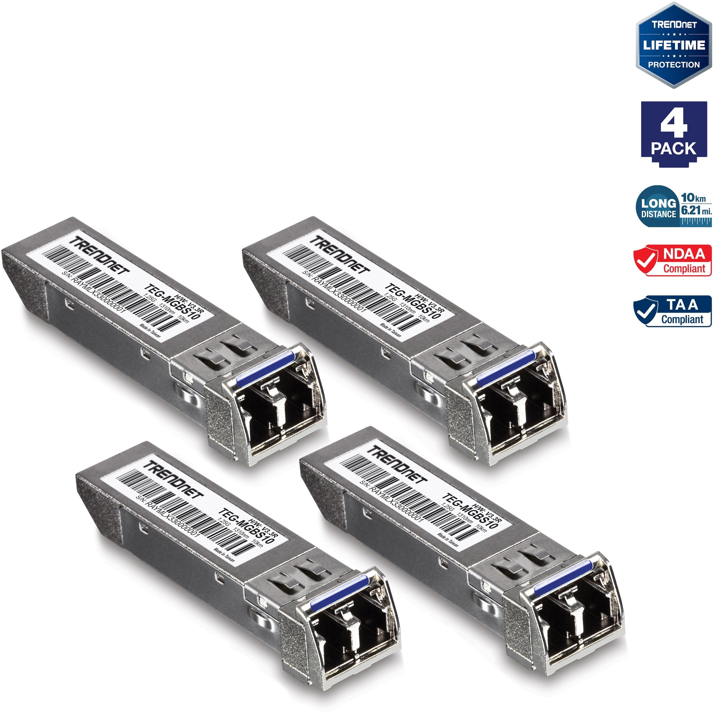 TRENDnet SFP Single-Mode LC Module 4-Pack; TEG-MGBS10/4; For Single Mode Fiber; Distances up to 10km(6.2 Miles); Gigabit SFP; Supports Up to 1.25Gbps; IEEE 802.3z Gigabit Ethernet; Lifetime Protection - TEG-MGBS10/4