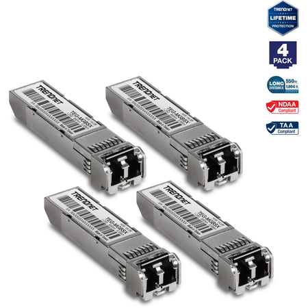 TRENDnet SFP Multi-Mode LC Module 4-Pack, TEG-MGBSX/4, Transmission Up to 550m (1804 Ft), Mini-GBIC, Hot Pluggable, IEEE 802.3z Gigabit Ethernet, Supports Up to 1.25 Gbps, Lifetime Protection - TEG-MGBSX/4