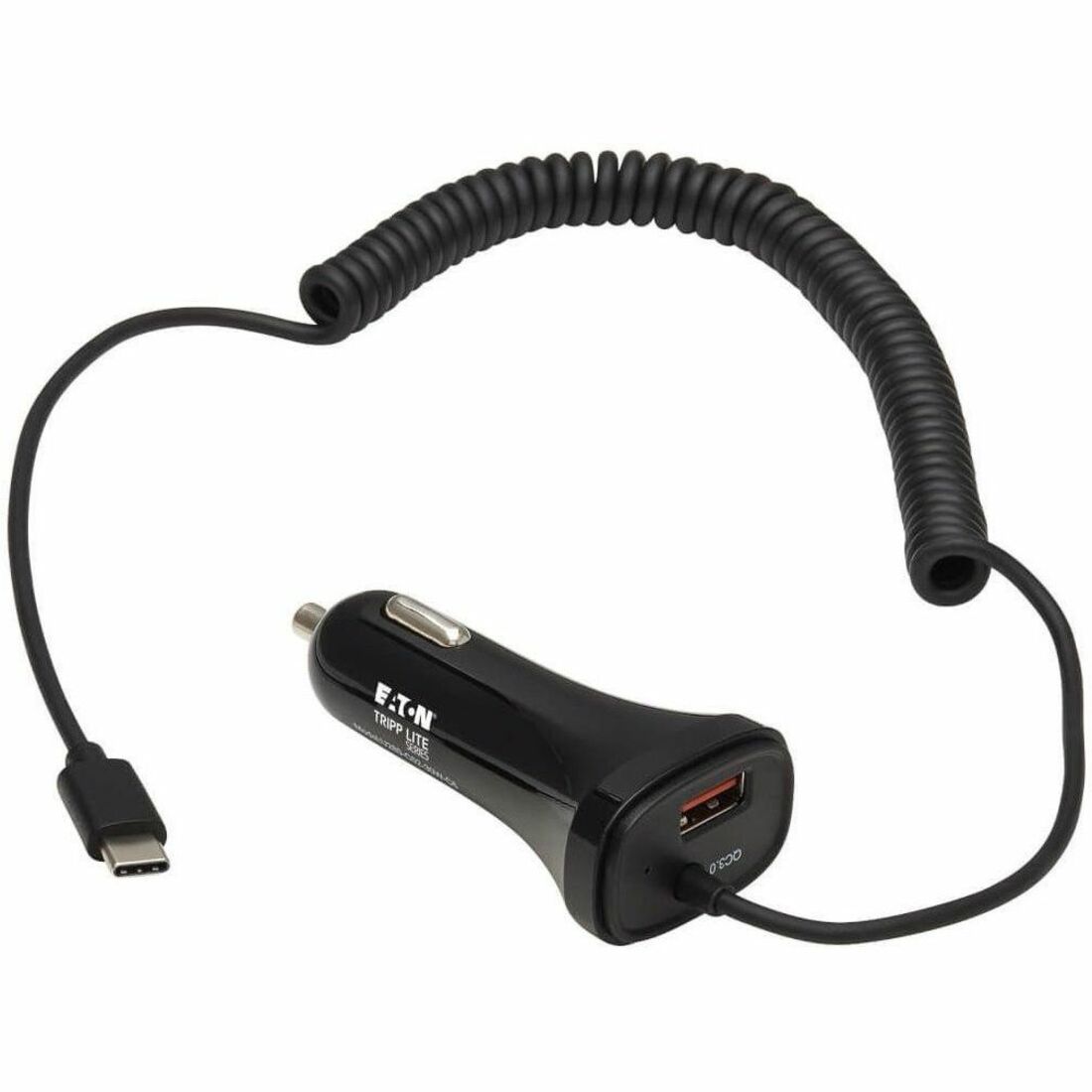 Eaton Tripp Lite Series Dual-Port USB Car Charger with 30W Charging - USB-C (18W) QC 3.0, USB-A (12W), Coiled 6 ft. (1.83 m) USB-C Cable, Black - U280-C02-30W-C6
