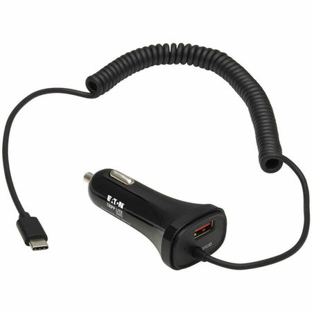 Eaton Tripp Lite Series Dual-Port USB Car Charger with 30W Charging - USB-C (18W) QC 3.0, USB-A (12W), Coiled 6 ft. (1.83 m) USB-C Cable, Black - U280-C02-30W-C6