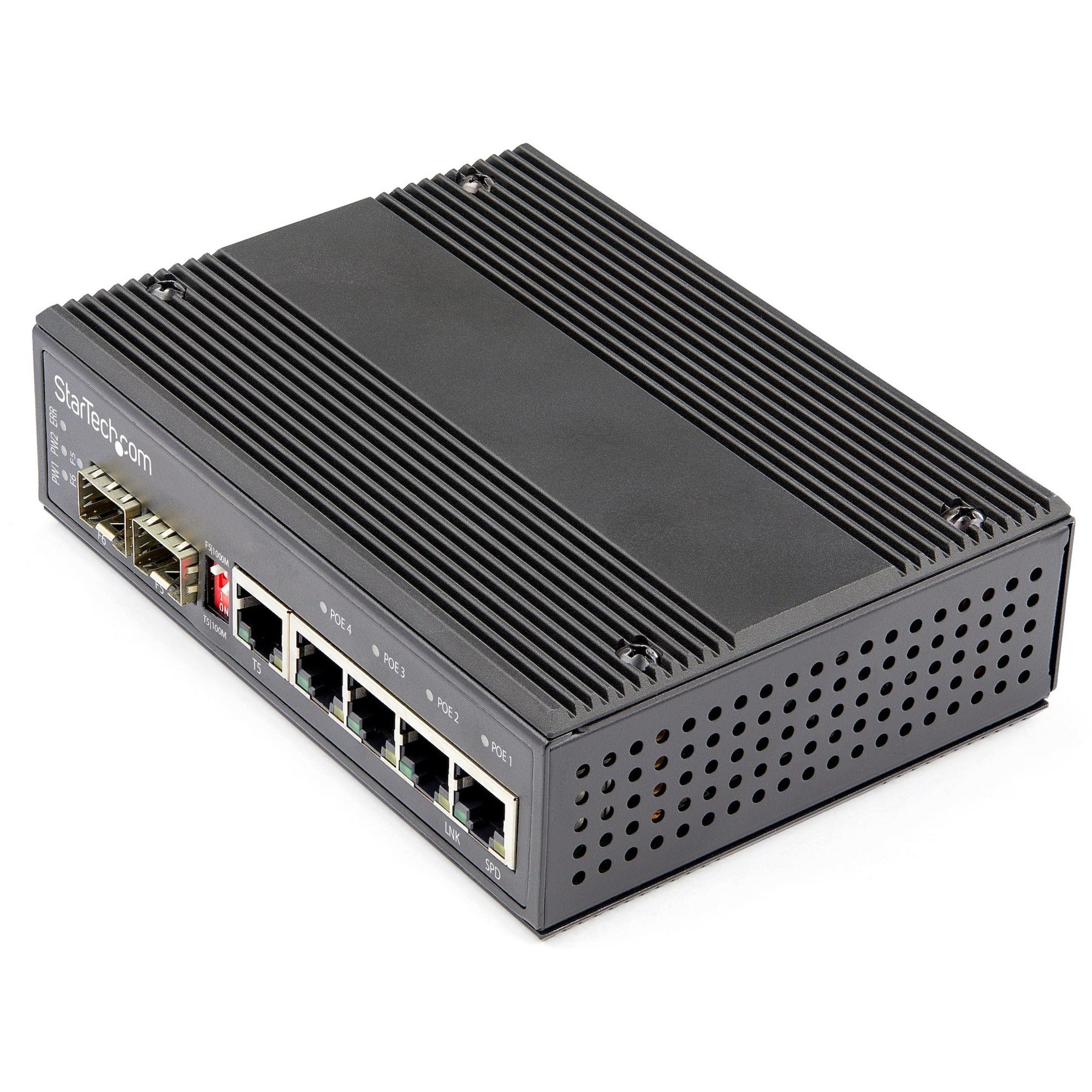 StarTech.com Industrial 6 Port Gigabit Ethernet Switch w/4 PoE RJ45 +2 SFP Slots 30W 802.3at PoE+ 12-48VDC 10/100/1000 Mbps -40C to 75C - IES1G52UP12V