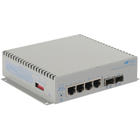 Omnitron Systems OmniConverter 10G/Sx, 2xSFP/SFP+, 4xRJ-45, 1xAC Powered Wide Temp - 2901-0-24-1W