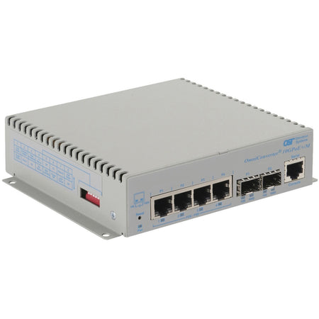 Omnitron Systems OmniConverter 10GPoE+/M PoE+, 2xSFP/SFP+, 4xRJ-45, 1xAC Powered Commercial Temp - 9580-0-24-1