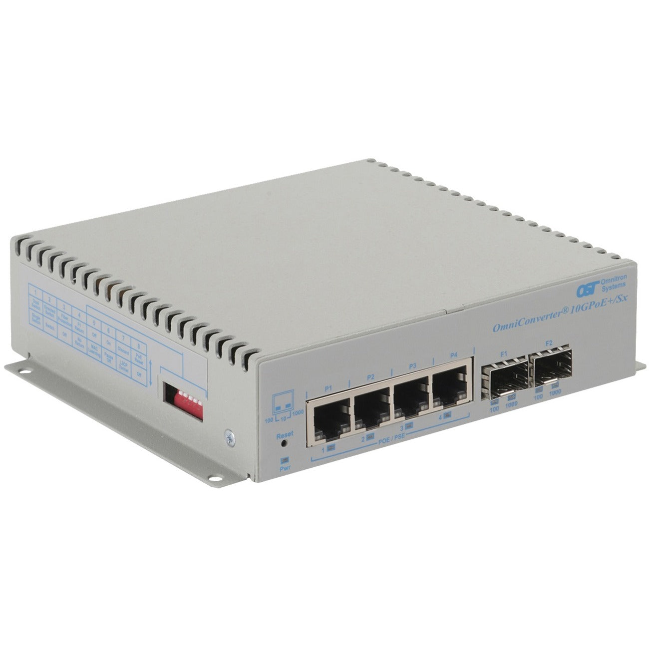 Omnitron Systems OmniConverter 10GPoE+/Sx PoE+, 2xSFP/SFP+, 4xRJ-45, 1xDC Powered Commercial Temp - 9581-0-24-9