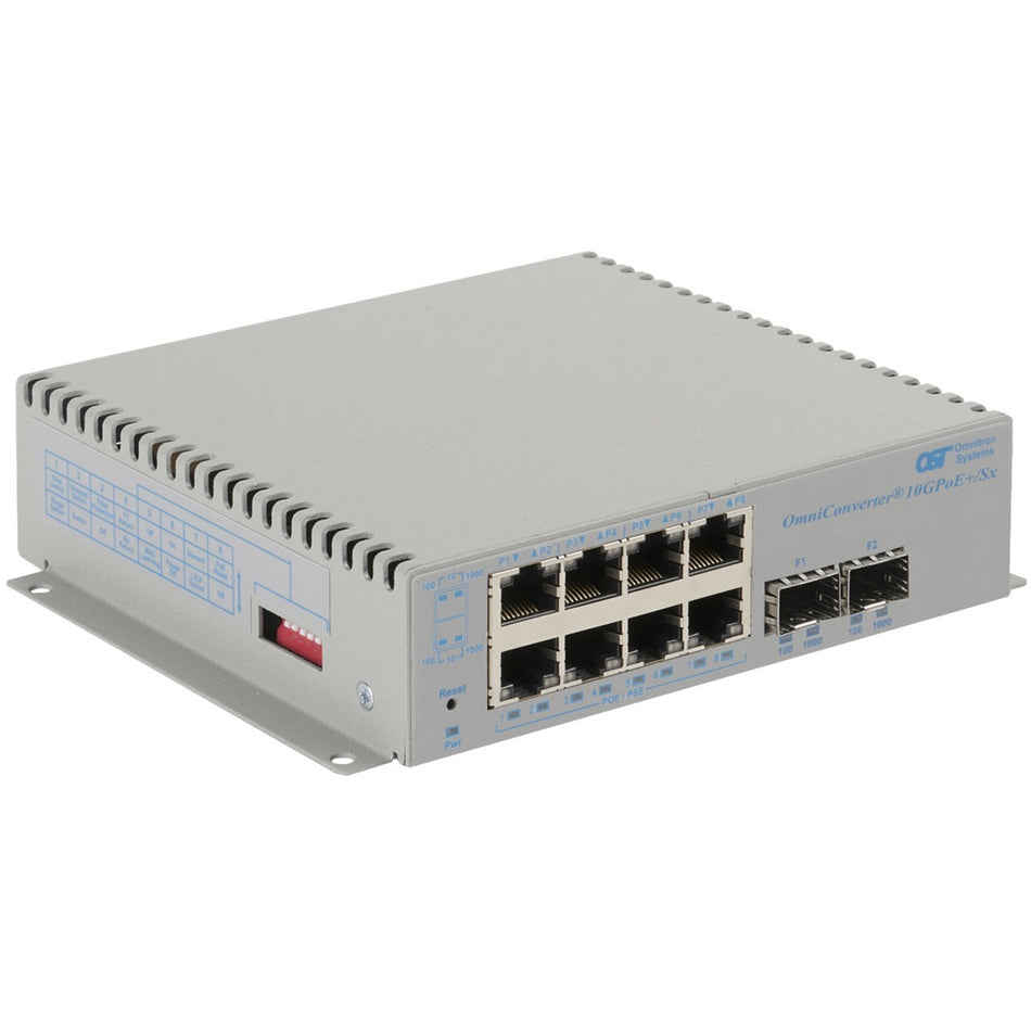 Omnitron Systems OmniConverter 10GPoE+/Sx PoE+, 2xSFP/SFP+, 8xRJ-45, 1xDC Powered Commercial Temp - 9581-0-28-9