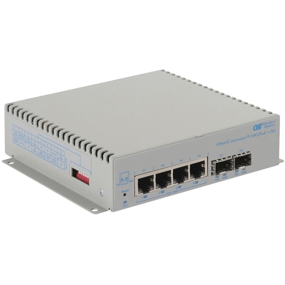 Omnitron Systems OmniConverter 10GPoE+/Sx PoE+, 2xSFP/SFP+, 4xRJ-45, 1xDC Powered Wide Temp - 9581-0-24-9W