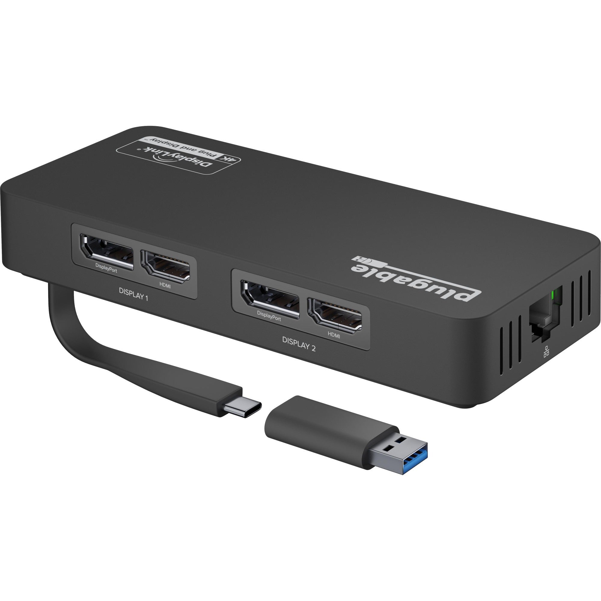 Plugable 4K DisplayPort and HDMI Dual Monitor Adapter with Ethernet for USB 3.0 and USB-C - USBC-6950UE