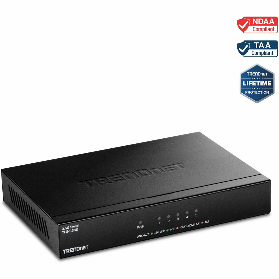 TRENDnet 5-Port Unmanaged 2.5G Switch, 5 x 2.5GBASE-T Ports, TEG-S350, 25Gbps Switching Capacity, Fanless, Wall Mountable, Black - TEG-S350