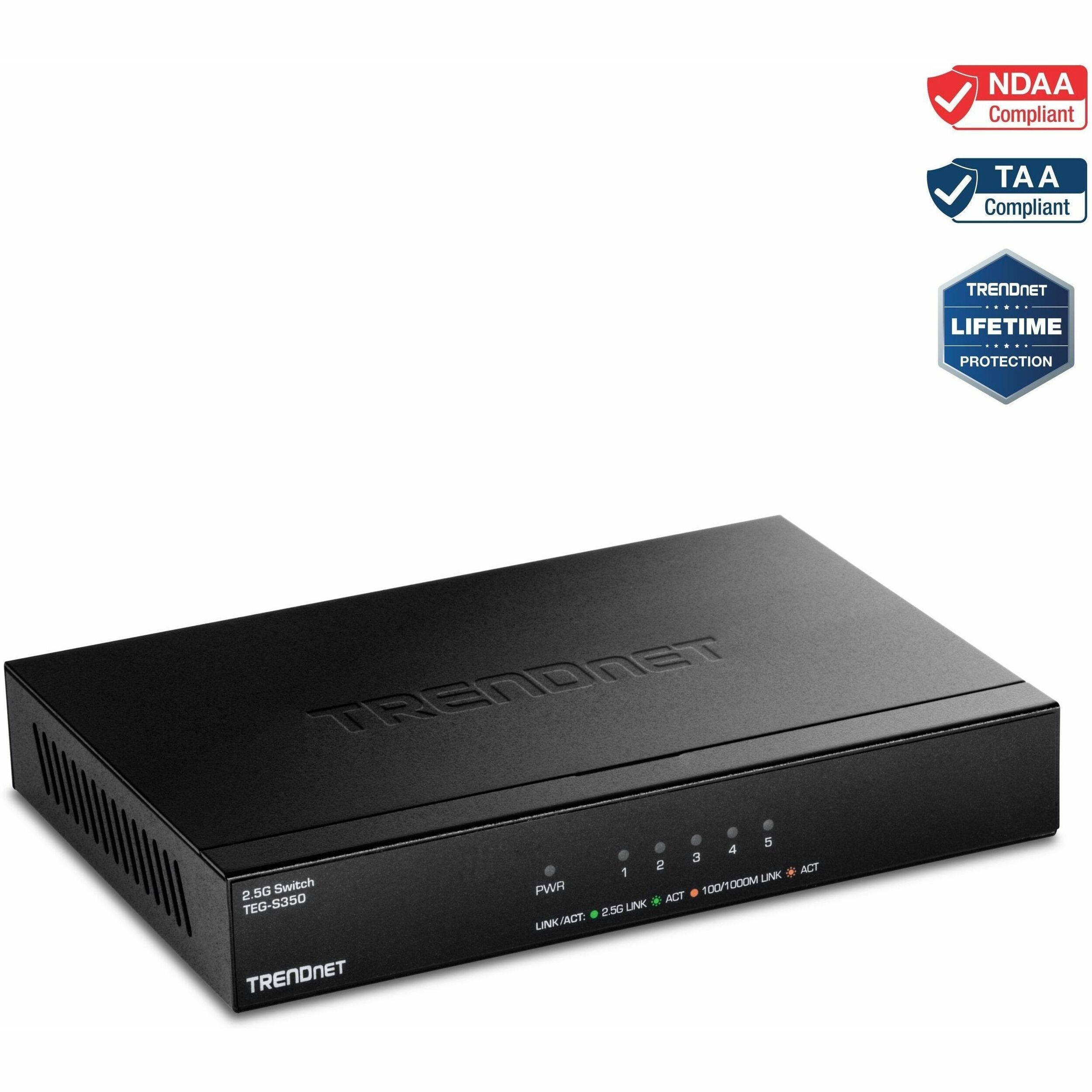 TRENDnet 5-Port 2.5Gb Multi-Gigabit Unmanaged Gaming Switch, TEG-S350, 5 x 2.5GBASE-T Ports, 25Gbps Switching Capacity, Ethernet Splitter, NDAA & TAA Compliant, Fanless, Lifetime Protection, Black - TEG-S350