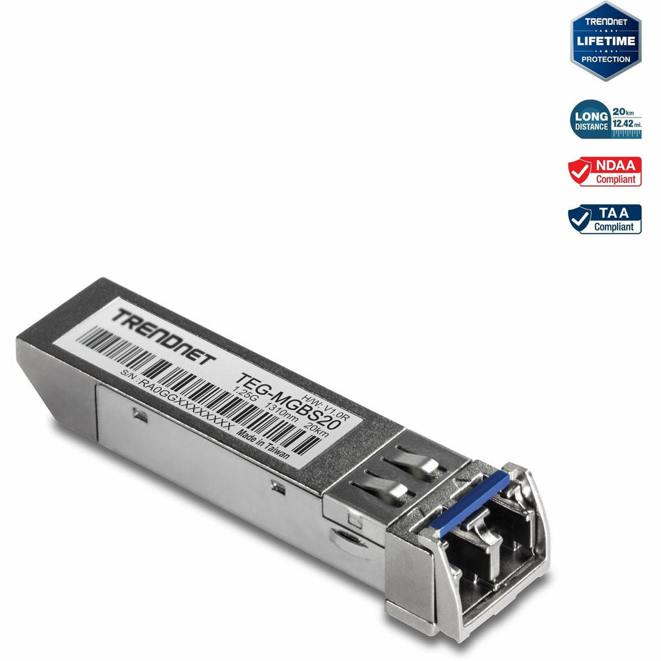 TRENDnet SFP Single Mode LC Module (20km/ 12.4 mi), TEG-MGBS20, Data Rates up to 1.25Gbps, 1310nm Single Mode, IEEE 802.3z Gigabit Ethernet, ANSI Fiber Channel Compliant, Lifetime Protection - TEG-MGBS20