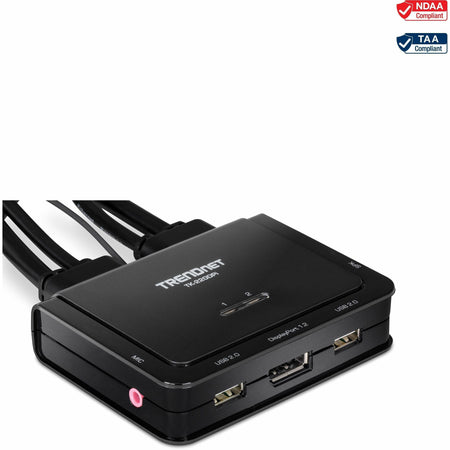 TRENDnet 2-Port 4K DisplayPort 1.2 KVM Switch with Audio, 4K UHD (3840 x 2160@60Hz), 3.5mm Speaker/Microphone, USB 2.0, Integrated Cables, Black, TK-220DPI - TK-220DPI