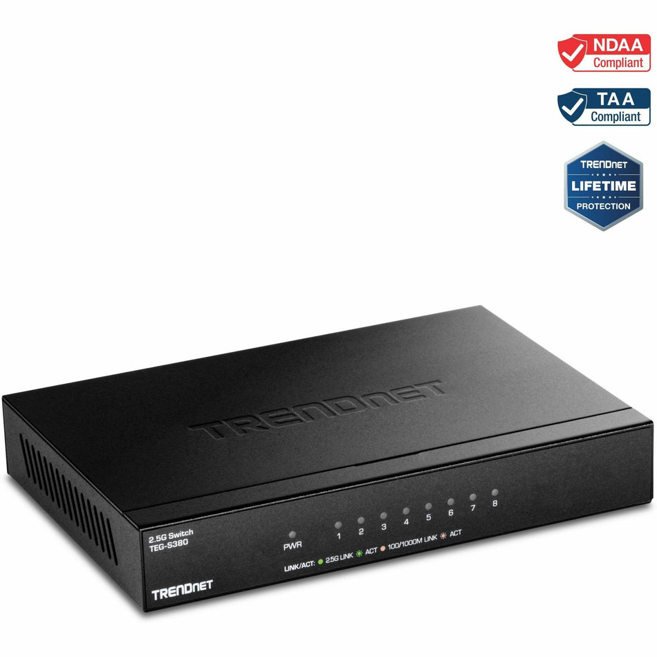 TRENDnet 8-Port Unmanaged 2.5G Switch, 8 x 2.5GBASE-T Ports, 40Gbps Switching Capacity, Backwards Compatible with 1000Mbps Devices, Fanless, Wall Mountable, Black, TEG-S380 - TEG-S380