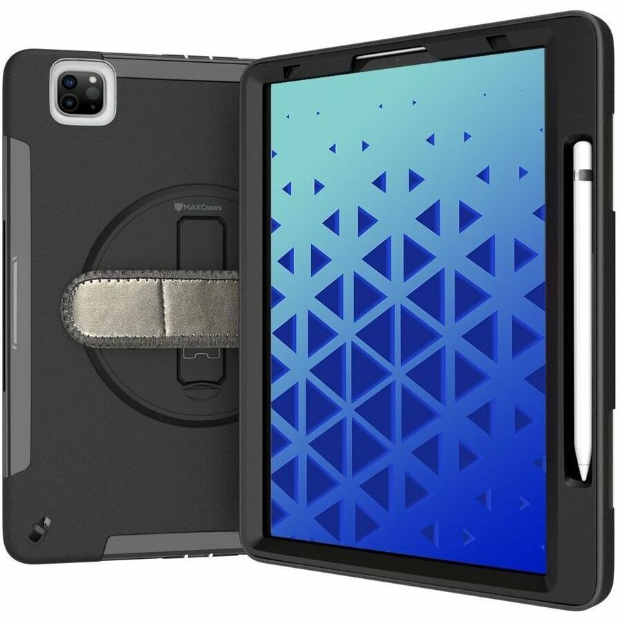 MAXCases Extreme Shield for iPad Pro 12" (2020/2021) w/ Handstrap, Shoulder Strap, Pencil Garage (Black) - AP-ES-IPP-1220-BLK