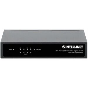 Intellinet PoE-Powered 5-Port Gigabit Switch with PoE Passthrough, 4 x PSE PoE ports, 1 x PD PoE port, IEEE 802.3at/af Power-over-Ethernet (PoE+/PoE), IEEE 802.3az Energy Efficient Ethernet, Desktop (With 2 Pin Euro Power Adapter) - 561082