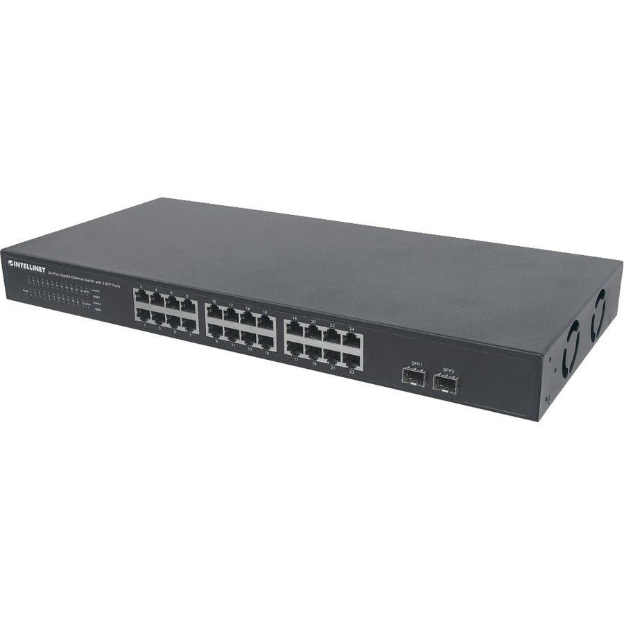 Intellinet 24-Port Gigabit Ethernet Switch with 2 SFP Ports, 24 x 10/100/1000 Mbps RJ45 Ports + 2 x SFP, IEEE 802.3az (Energy Efficient Ethernet), 19" Rackmount, Metal (With C14 2 Pin Euro Power Cord) - 561044