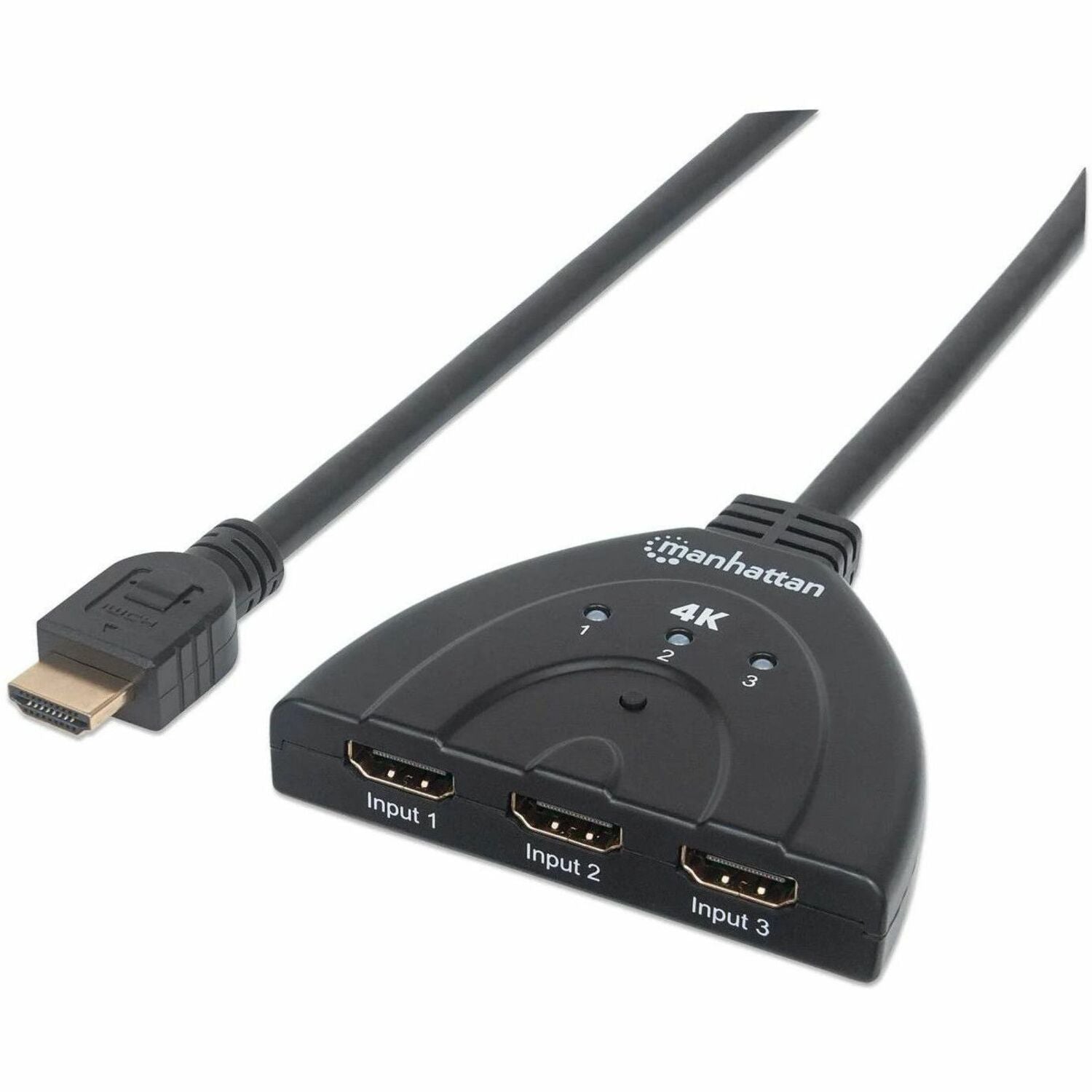HDMI Switch 3-Port, 4K@60Hz, Connects x3 HDMI sources to x1 display, Manual Switching (via button), Integrated Cable (58cm), No external power required, Black, Three Year Warranty - 207874