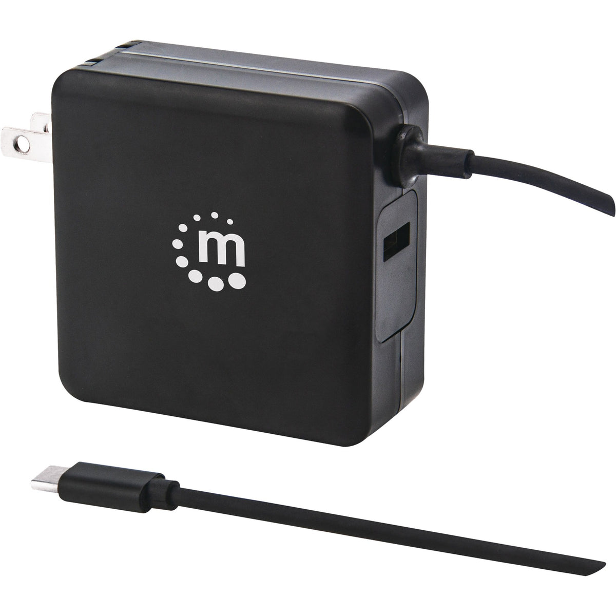 Manhattan Wall/Power Charger (Euro 2-pin), USB-C and USB-A ports, USB-C Output: 60W / 3A, USB-A Output: 2.4A, USB-C 1m Cable Built In, Black, Three Year Warranty, Box - 180238