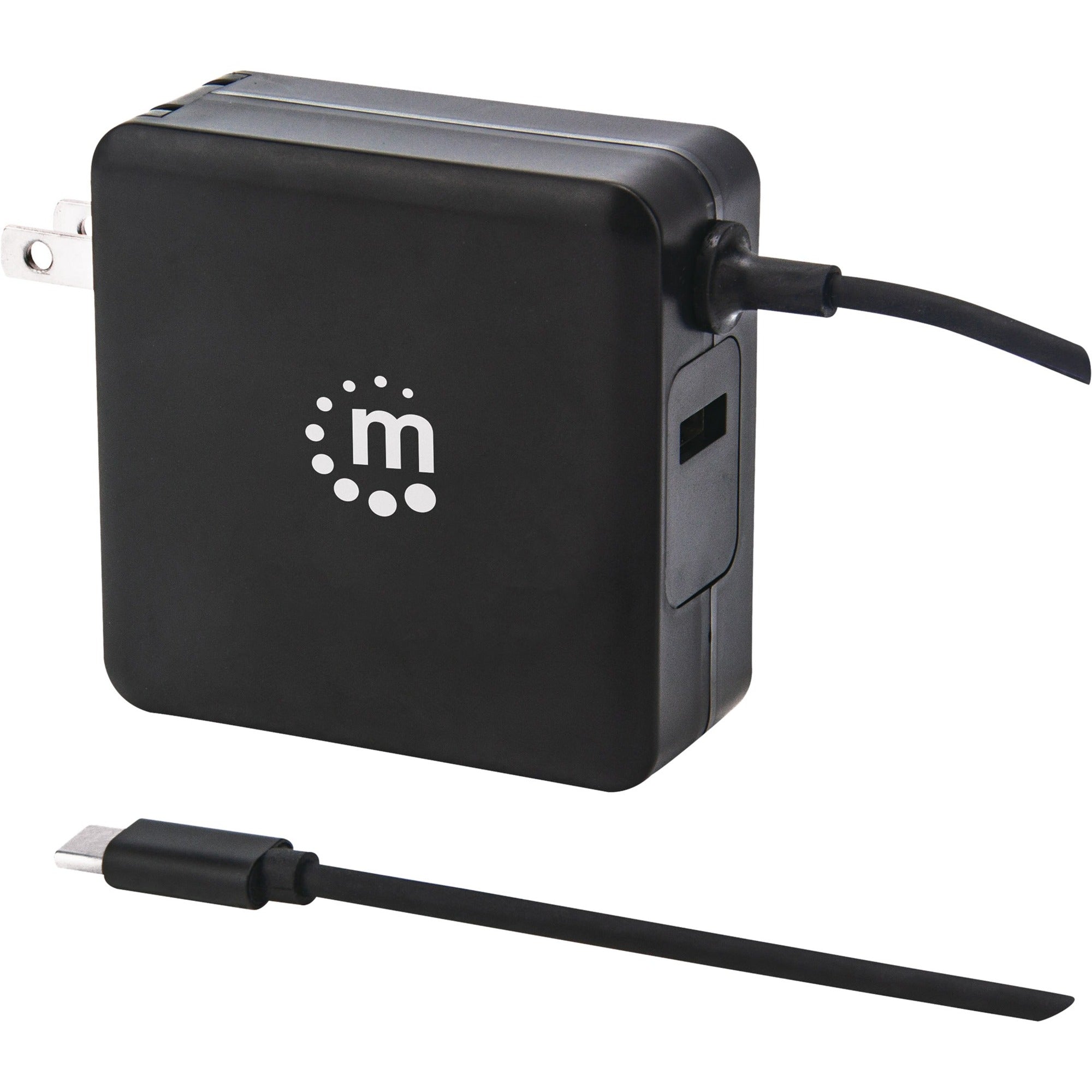 Manhattan Wall/Power Charger (Euro 2-pin), USB-C and USB-A ports, USB-C Output: 60W / 3A, USB-A Output: 2.4A, USB-C 1m Cable Built In, Black, Three Year Warranty, Box - 180238