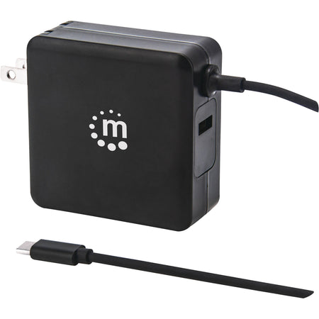 Manhattan Wall/Power Charger (Euro 2-pin), USB-C and USB-A ports, USB-C Output: 60W / 3A, USB-A Output: 2.4A, USB-C 1m Cable Built In, Black, Three Year Warranty, Box - 180238