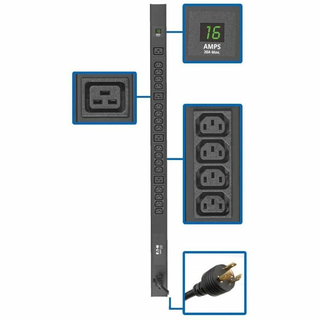 Eaton Tripp Lite Series 3.7kW 208/230V Single-Phase Local Metered PDU - 16 C13 & 4 C19 Outlets, C20/L6-20P Input, 10-ft. (3.05 m) Cord, 40 in. 0U Rack - PDUMV20HV-36