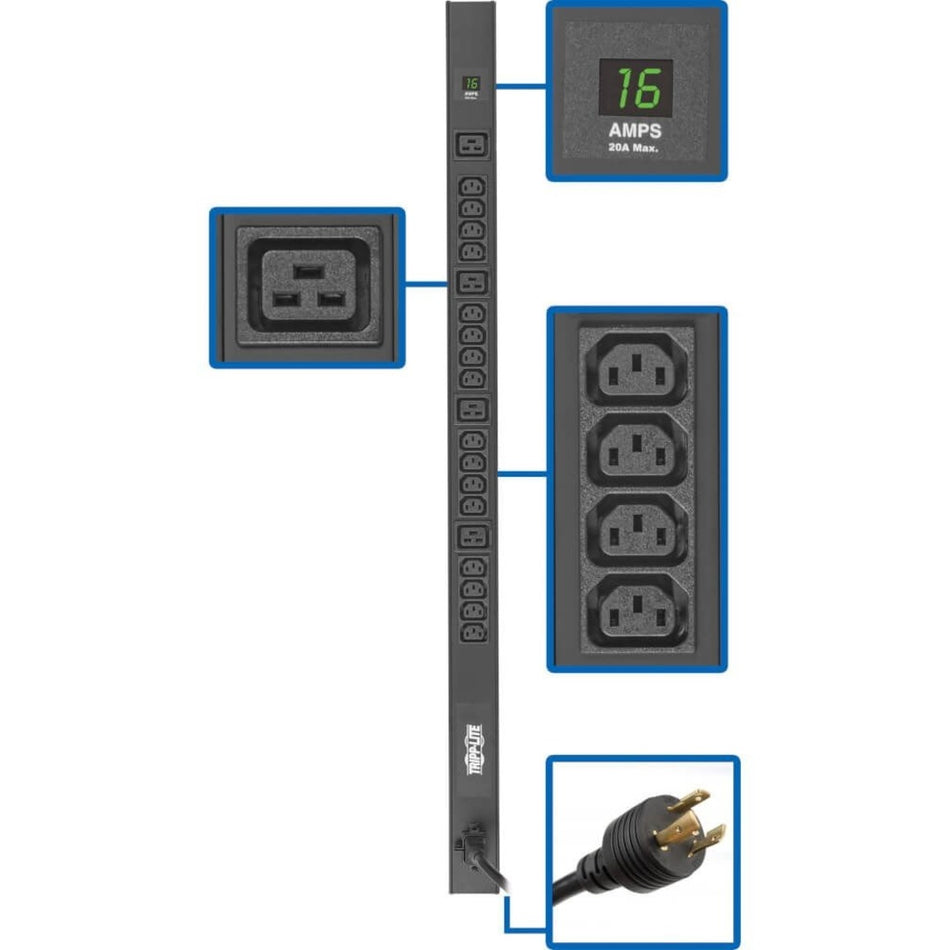 Tripp Lite by Eaton 3.7kW 208/230V Single-Phase Local Metered PDU - 16 C13 & 4 C19 Outlets, C20/L6-20P Input, 10-ft. (3.05 m) Cord, 40 in. 0U Rack - PDUMV20HV-36