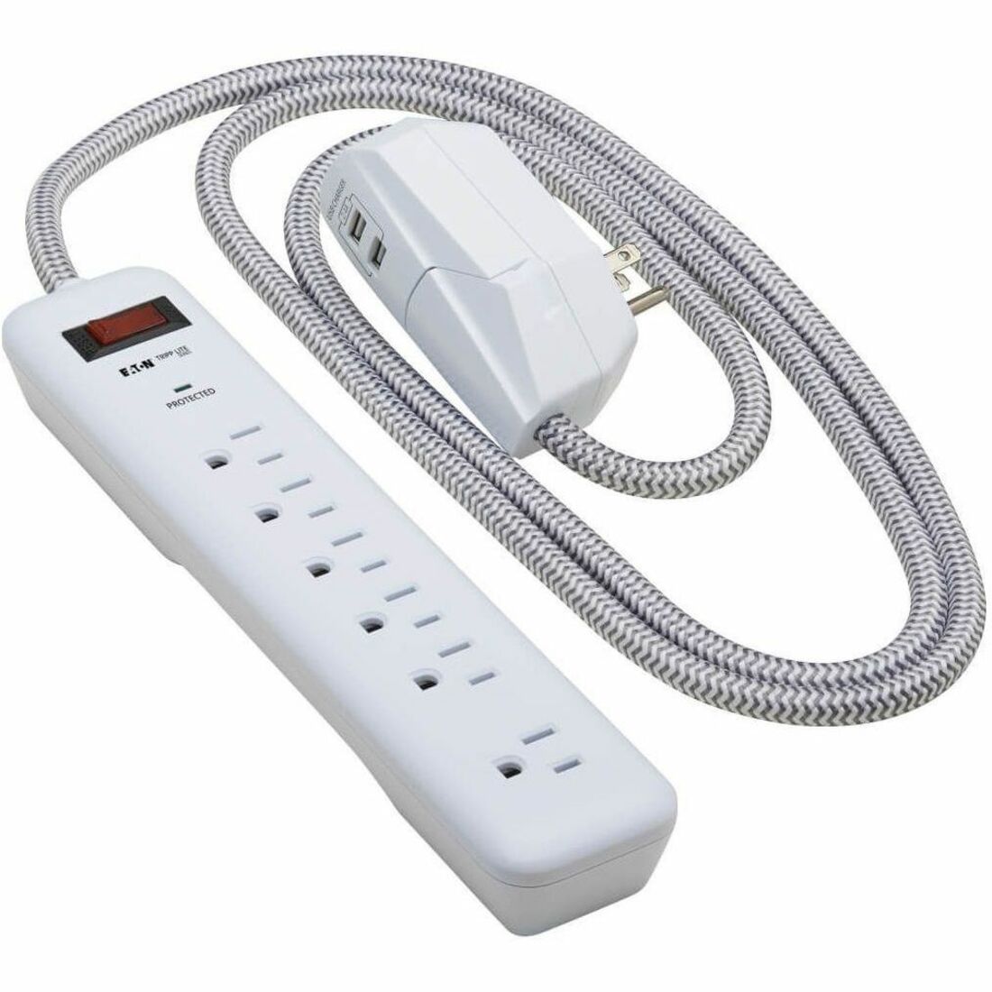 Tripp Lite by Eaton 7-Outlet Surge Protector - 6 on strip/1 in detachable plug 2 USB Ports (2.4A Shared) Detachable Charger Plug 6 ft. Cord 5-15P Plug 900 Joules White - TLP616USB