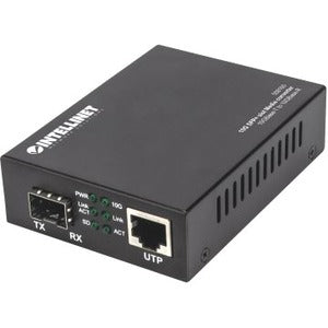 Intellinet 10GBase-T to 10GBase-R Media Converter, 1 x 10 GB SFP+ Slot, 1 x 10GB RJ45 Port (With 2 Pin Euro Power Adapter) - 508193