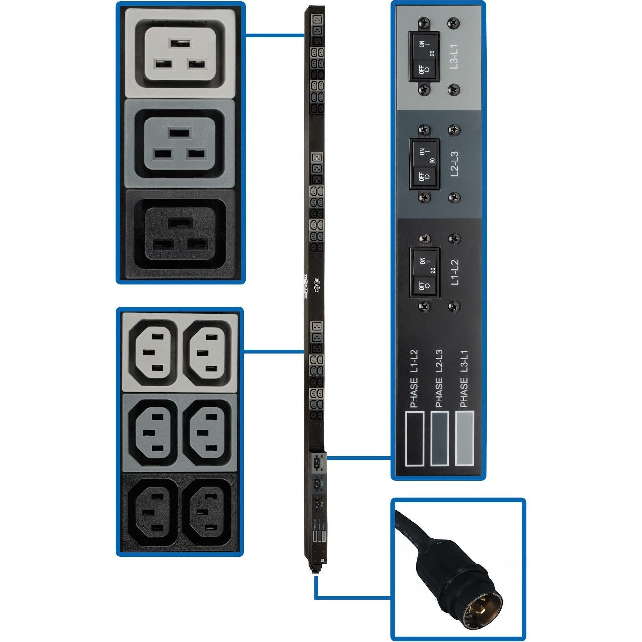 Tripp Lite by Eaton 12.6kW 208V 3-Phase Basic PDU - 45 Outlets (36 C13, 9 C19), Hubbell 50A CS8365C Input, 6 ft. Cord, 70 in. 0U, TAA - PDU3V6H50