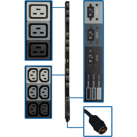 Tripp Lite by Eaton 12.6kW 208V 3-Phase Basic PDU - 45 Outlets (36 C13, 9 C19), Hubbell 50A CS8365C Input, 6 ft. Cord, 70 in. 0U, TAA - PDU3V6H50