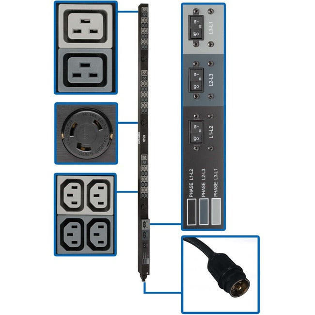 Tripp Lite by Eaton 14.4kW 208V 3-Phase Basic PDU - 45 Outlets (36 C13, 3 C19, 3 L6-30R), Hubbell 50A CS8365C Input, 6 ft. Cord, 70 in. 0U, TAA - PDU3V6H50A