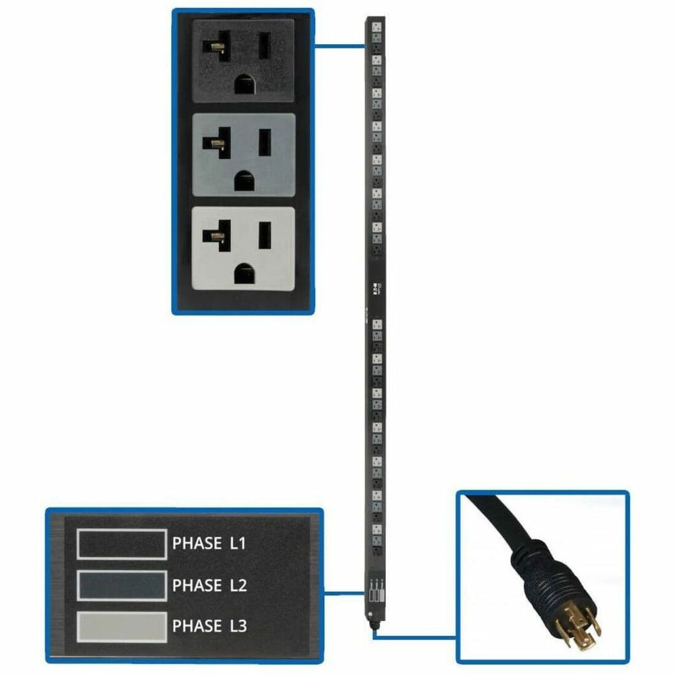 Eaton Tripp Lite Series 5.7kW 3-Phase Basic PDU - 42 NEMA 5-15/20R 120V Outlets, 208V L21-20P Input, 6 ft. Cord, 70 in. 0U Rack - PDU3V6L2120LV