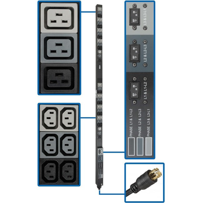 Tripp Lite by Eaton 8.6kW 208/120V Three-Phase Basic PDU - 48 Outlets (36 C13, 6 C19, 6 5-15/20R), L21-30P Input, 6 ft. Cord, 70 in. 0U Rack - PDU3V6L2130