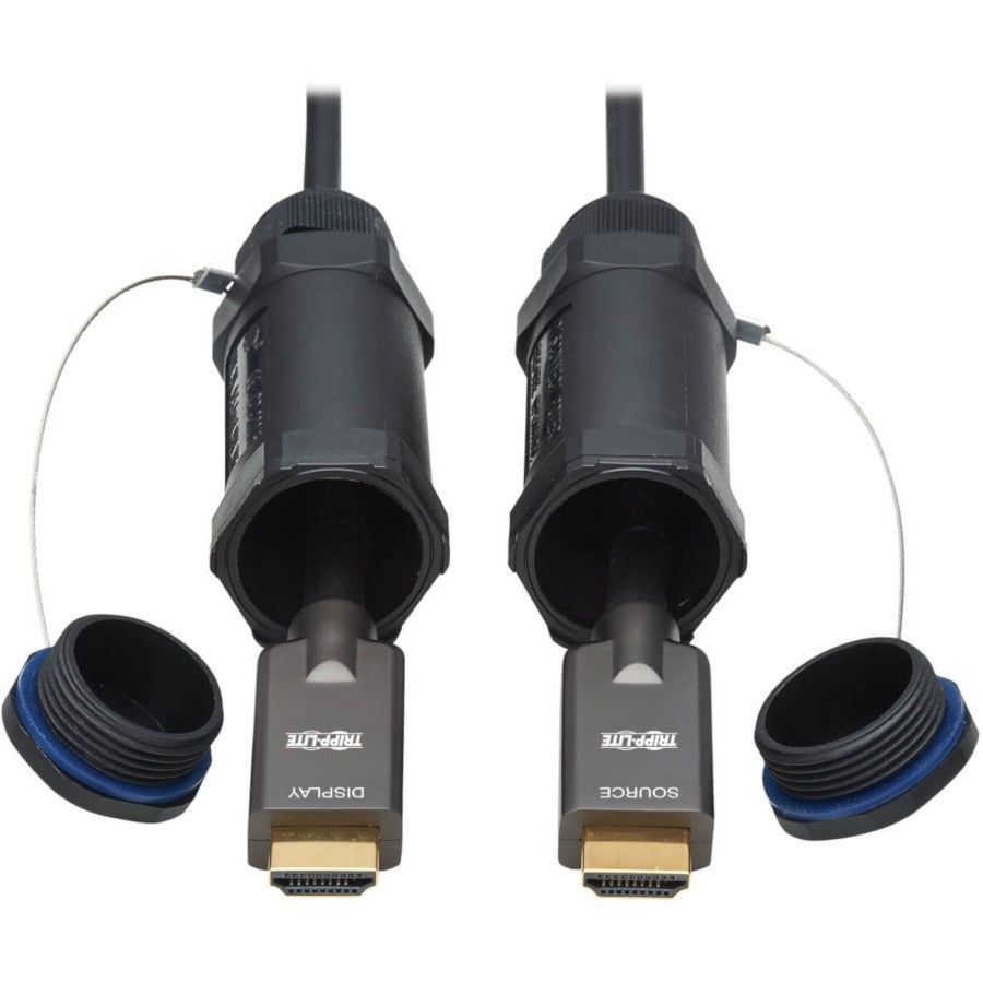 Tripp Lite by Eaton High-Speed Armored HDMI Fiber Active Optical Cable (AOC) with Hooded Connectors and Reel - 4K @ 60 Hz, HDR, IP68, M/M, Black, 100 m (328 ft.) - P568FA-100M-WR