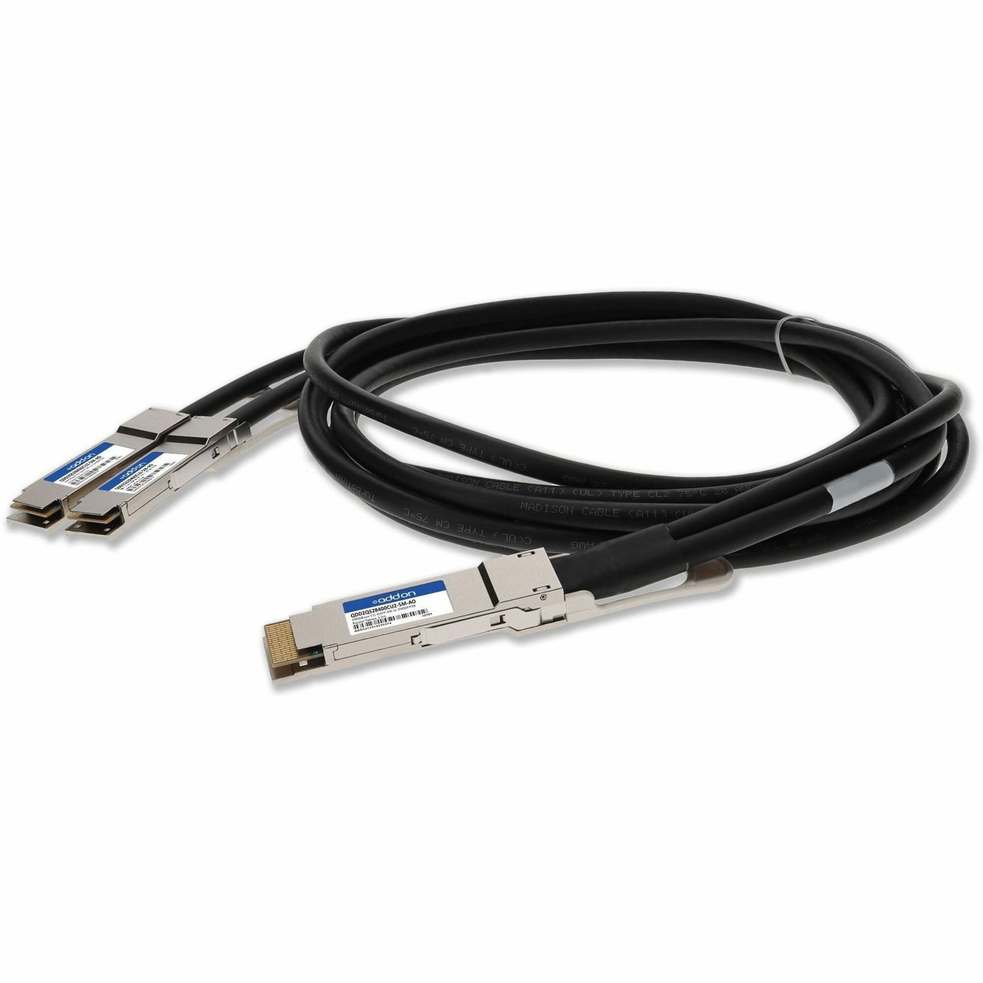 AddOn Cisco&reg; QDD-2QSFP28-400-CU2-5M Compatible TAA Compliant 200GBase-CU QSFP-DD 200G to 2xQSFP28 100G NRZ Direct Attach Cable (Passive Twinax, 2.5m) - QDD2QS28400CU2-5M-AO