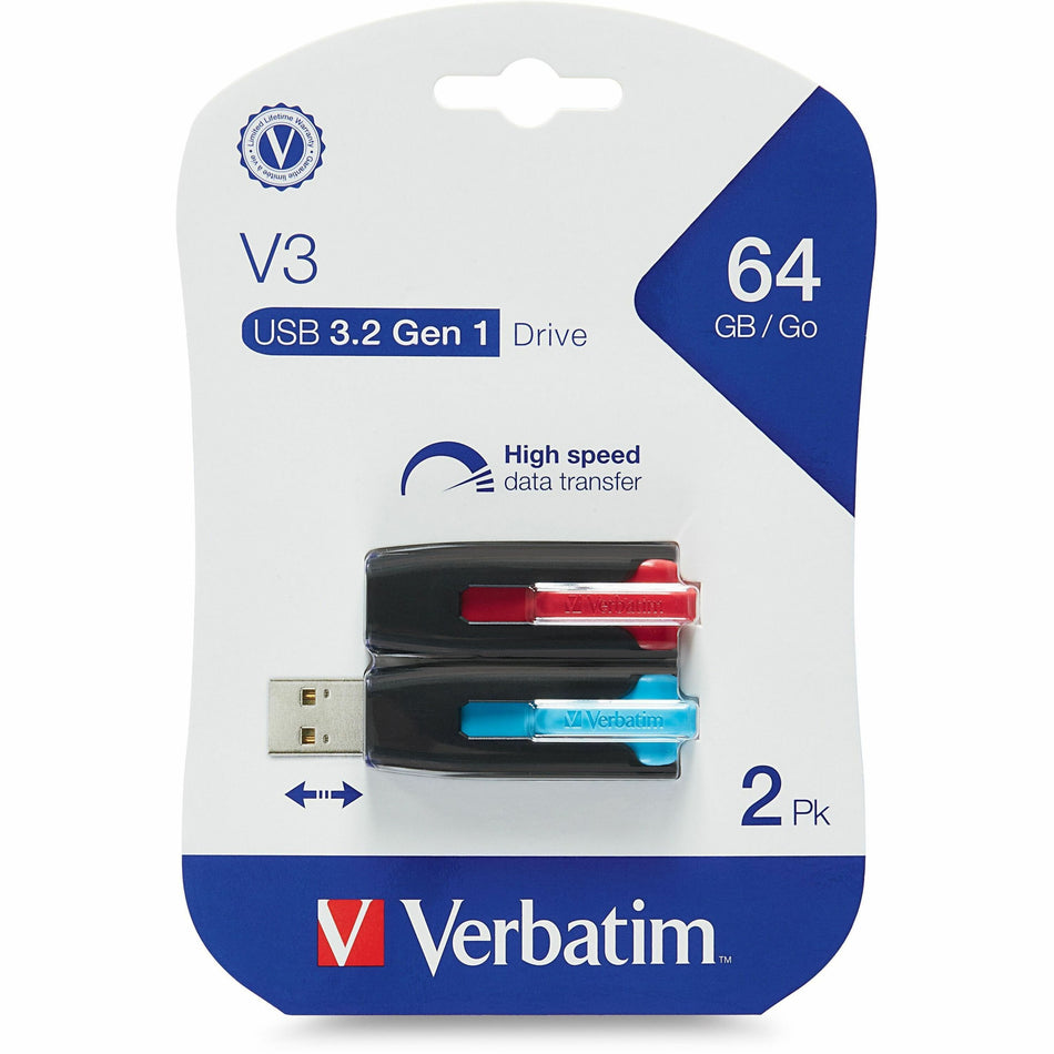 64GB Store 'n' Go&reg; V3 USB 3.2 Gen 1 Flash Drive - 2pk - Red, Blue - 70899