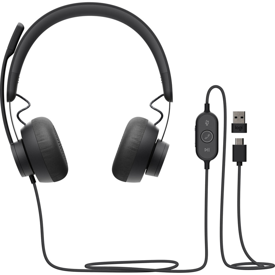 Logitech Zone 750 Wired On-Ear Headset with advanced noise-canceling microphone, simple USB-C and included USB-A adapter, plug-and-play compatibility for all devices - 981-001103
