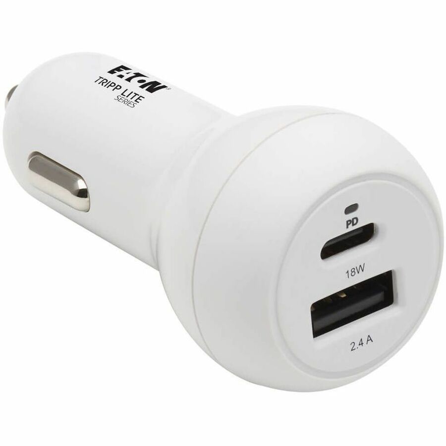Eaton Tripp Lite Series Dual-Port USB Car Charger - 30W PD Charging, USB-C (18W) & USB-A (12W), USB-C to Lightning Cable, White - U280-C02-30W-K