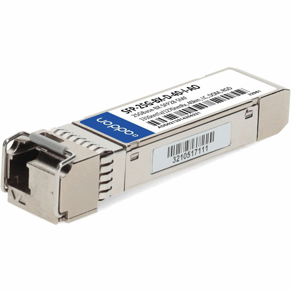 AddOn Cisco&reg; SFP-25G-BX-D-40-I Compatible TAA 25GBase-BX SFP28 Transceiver (SMF, 1310nmTx/1270nmRx, 40km, LC, DOM, -40 to 85C) - SFP-25G-BX-D-40-I-AO