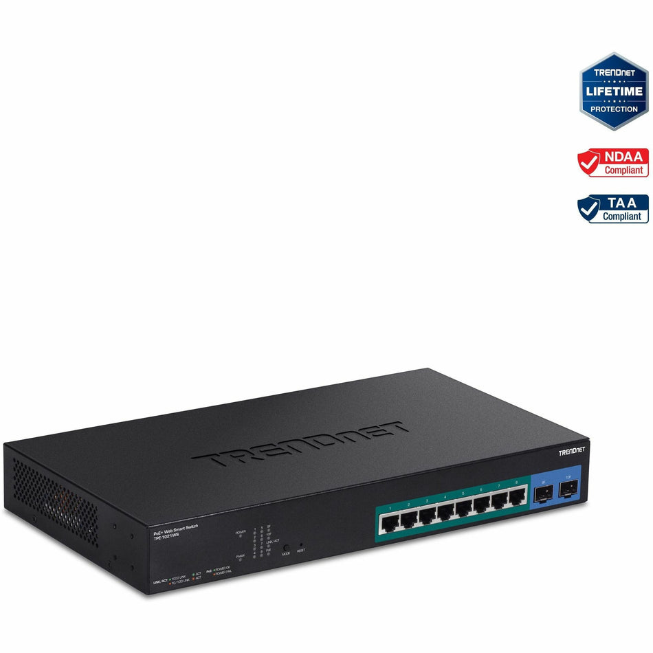 TRENDnet 10-Port Gigabit Web Smart PoE+ Switch with 8 Gigabit PoE+ Ports, 2 SFP Slots, 130W PoE Budget, VLAN, QoS, LACP, IPv4/IPv6 Static Routing, Black, TPE-1021WS - TPE-1021WS