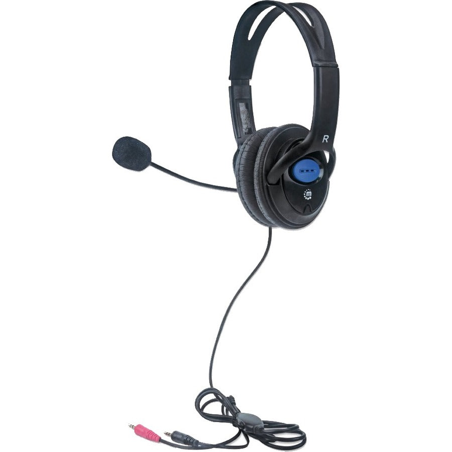 Stereo Headset, Lightweight, adjustable microphone, in-line volume control, padded cloth ear cushions, two 3.5mm jack input plugs, cable 2m, Black, 3 year warranty - 179317