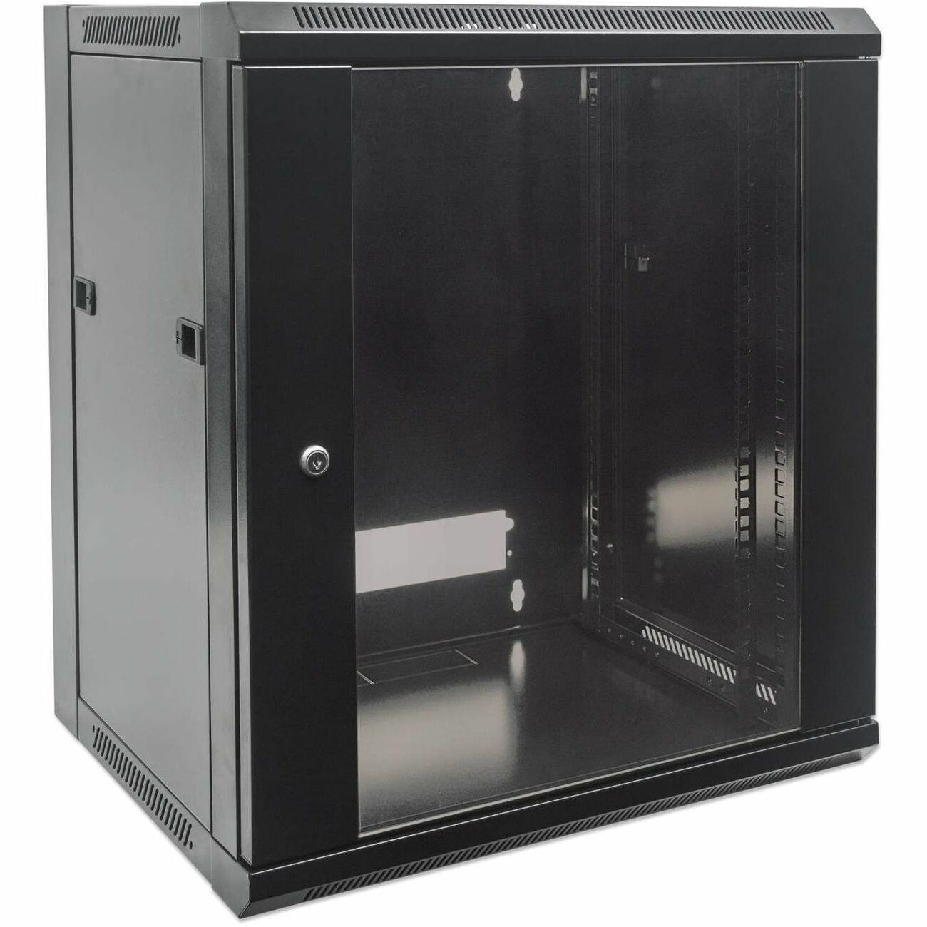 19" Network Cabinet - Wall Mount (Standard), 12U, 450mm Deep, Black, Flatpack, Max 60kg, Suitable also for use on desk or floor, Usable Depth 270mm to 350mm, Metal & Glass Door, Back Panel, Removeable Sides,Parts for wall installation not included - 711869